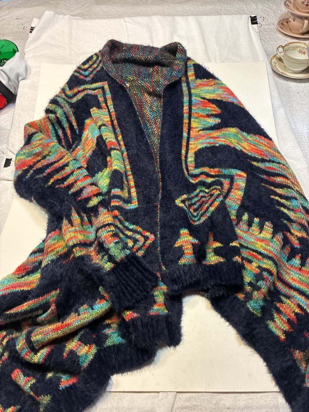 Renee C. Southwestern Tribal Pattern Fuzzy Eyelash Knit Open Front Cardigan